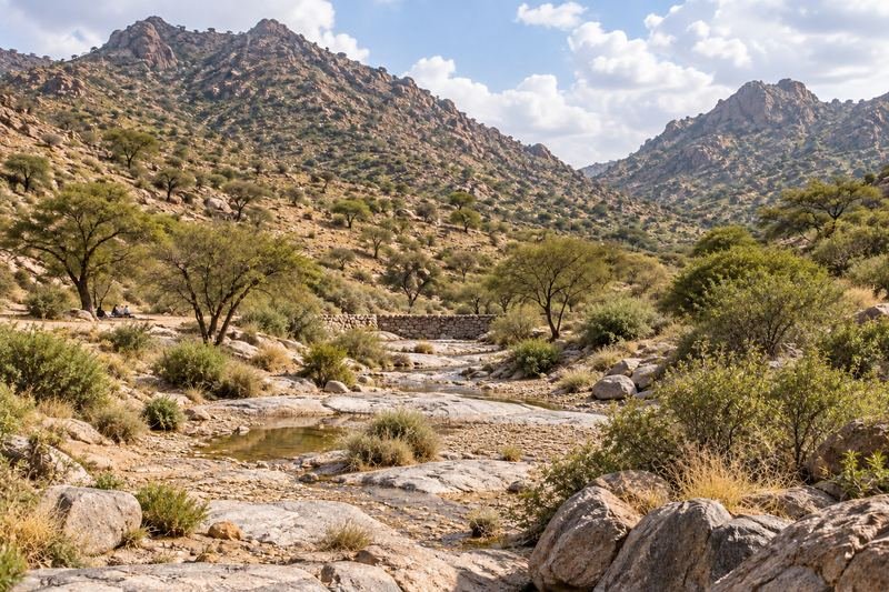وادٍ صخري وأشجار في منتزه الطائف الوطني بسيسد