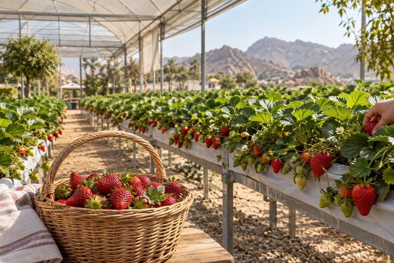 صفوف من نباتات الفراولة وسلة ممتلئة داخل مزرعة قرب الطائف