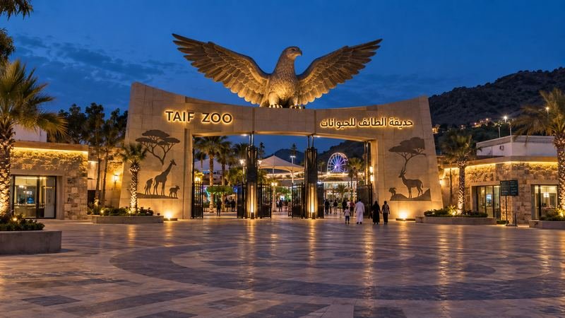 المدخل الرئيسي لحديقة الحيوانات بالطائف مضاءً في المساء